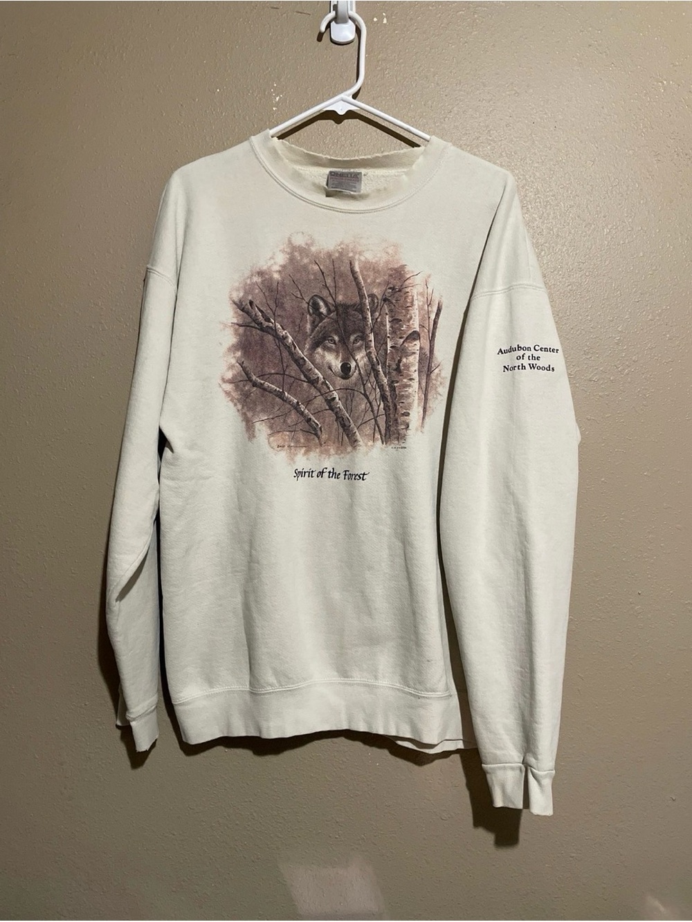 Vintage ‘96 Spirit of the Forest Wolf Graphic Tan Sweatshirt Adult XL